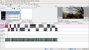 Interface to kdenlive, showing the video and audio tracks on the timeline